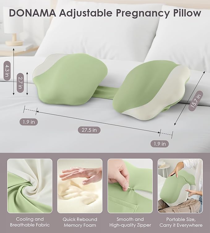 DONAMA Memory Foam Pregnancy Pillow- with Adjustable Air Bag for Back/Legs/Belly/HIPS Support, W-Shaped Pregnancy Wedge Pillows for Sleeping, Cooling Maternity Body Pillow for Pregnant Women