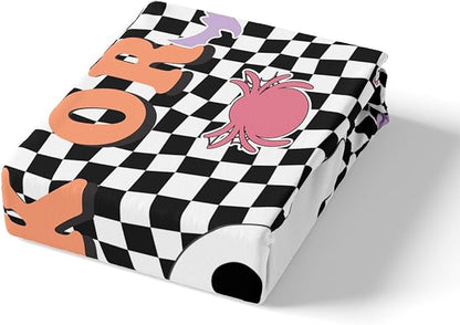 Halloween Full Size Fitted Sheet,Cartoon Ghost Spider Bat Silhouette 3 Pieces Kids Teenager Room Decor Trick or Treat Retro Black White Plaids Patchwork Pocket 2 Pillowcases
