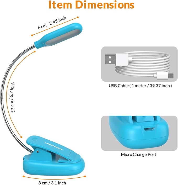 LEPOWER Clip on Book Light/Reading Light/Clip Light with 5 LED Eye Care, 3 Color Changeable, Portable Reading Lamp, Battery Operated, Bed Lights for Kids, Bookworms, Students(Blue)