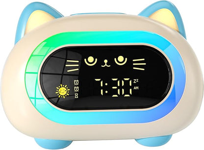 BC-YD-03W-002ds Bedrooms, Kids Alarm Clock with Dual Alarm Snooze Mode 10 Color Night Light Sleep Training Eye Protection Auto Off Timer Blue Cat, Gifts for Kids Girls Boys Teens