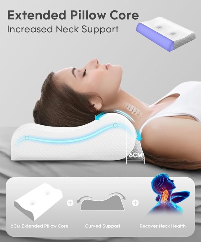 Cervical Pillow for Neck Pain Relief - Contour Pillow Memory Foam Pillows for Sleeping, Double Ear Relief Zones Neck Pillow, 6CM Enhanced Neck Support Cooling Bed Pillow for All Sleep Positions