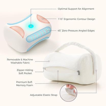 Momcozy Knee Pillow for Side Sleepers, Soft Memory Foam & Pinch-Free Design, Relieve Knee, Leg and Sciatica Pain, Adjustable Elastic Strap Ideal for Pregnant Women and Seniors, White