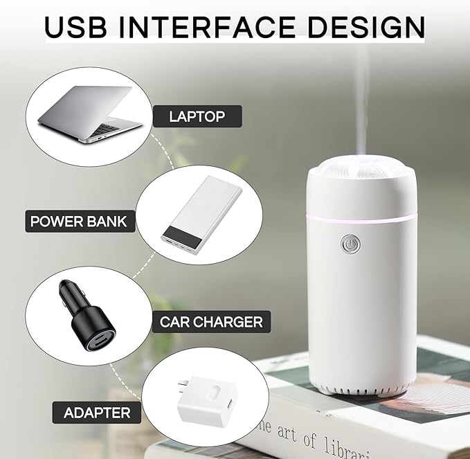 Car Diffuser, Car Humidifier, Car Diffusers for Essential Oils, Smart Car Air Freshener Diffuser, USB Cool Mist Humidifier Diffuser for Car Home Office Bedroom (White)