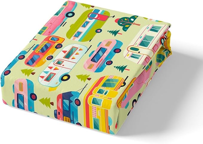 Cartoon Camping Truck Kids Fitted Sheet Queen Size,Camper RV Trailer Adventure Bedding Set,Boys Girls Room Decor,Jungle Pine Trees Rustic Nature Bed Cover,Green Bed Sheet,2 Pillowcases(No Top Sheet)