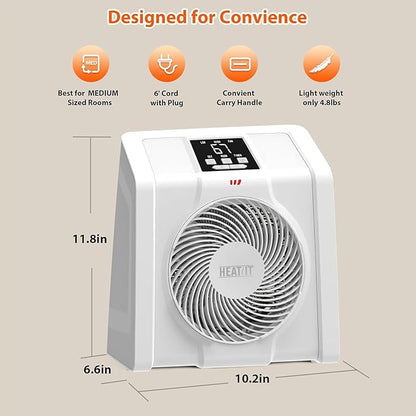 HEATIT Space Heater for Indoor, Digital Display with Thermostat,1-12H Timer,Fan Mode,1500W/750W,Electric Space Heater for Office, Bedroom,White,10.6"Dx7.0"W x 11.8"H