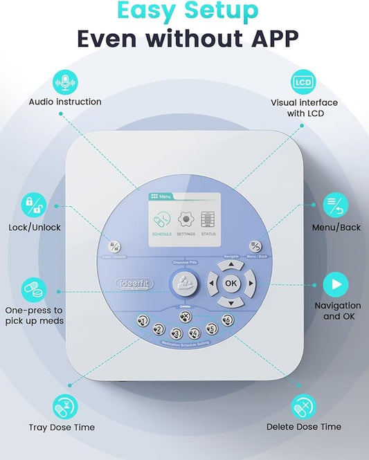 84-Day(1X) Automatic Pill Dispenser – App & On-Device Setup by Family, LCD Display, Digital Lock, Sound & Light Alerts – Safe Medication Organizer Management for Seniors (6-Tray, White)