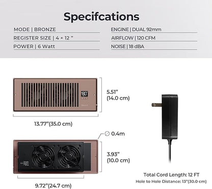 Quiet Register Booster Fan Fits 4" x 12" Register Holes, 10-Speed Smart Heating Cooling AC Vent Fan with Remote Control and Thermostat Control - Bronze