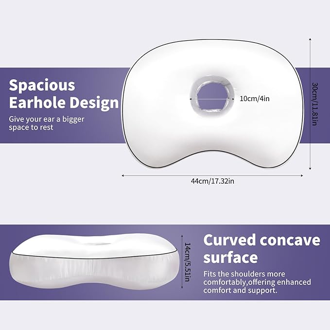White Ear Piercing Pillow - Side Sleeper Support with 3.5" Ear Hole Relief, Hypoallergenic Orthopedic Pillow for Healing Piercings