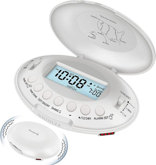 DreamSky Vibrating Alarm Clock for Heavy Sleepers - Auto Set Bed Shaker Alarm Clock Under Pillow for Hearing Impaired, Bedroom, Travel, Rechargeable Battery Operated, Cordless, Auto DST, LCD Backlight
