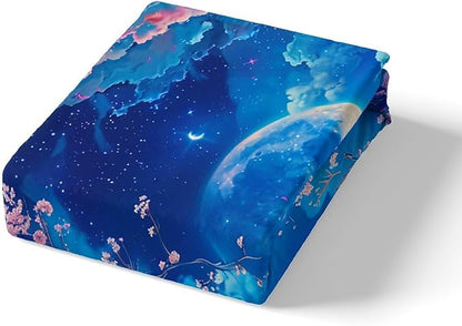 Cherry Blossoms Fitted Sheet Queen Size,Moonnight Cloud Starry Sky Bedding Set,Girls Women Room Decor,Sakura Flowers Chinese Style Bed Cover,Pink Blue Romantic Bed Sheet,2 Pillowcases(No Top Sheet)
