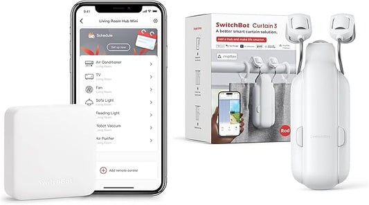 SwitchBot Curtain 3 & Hub Mini Kit: Automate Curtains & IR Devices with Voice Control, Smart Scheduling, and Matter/HomeKit Support.