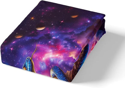 Blue Snake Fitted Sheet Twin Size,Starry Sky Galaxy Planet Trippy Bedding Set,Boys Girls Room Decor,Egypt Noble Animals Boho Psychedelic Bed Cover,Purple Unique Bed Sheet,1 Pillowcase