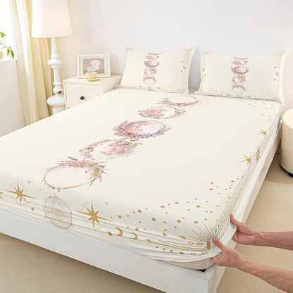 Sun Moon Girly Sheet Twin,12 Constellation Universe Bedding Set for Kids Teens Adults,Geometric Line Dots Boho Beige Trippy Bed Sheet Set 3pcs (Deep Pocket Fitted Sheet + Flat Sheet + 1 Pillowcase)
