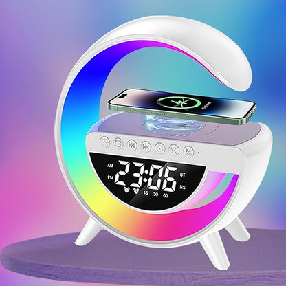 Wireless Charging Table Lamp, Multifunctional Bluetooth Speaker & Alarm Clock - LED Bedside Desk Lamp Night Light for Heavy Sleepers, Superfine Bedroom Home Decoration (White)