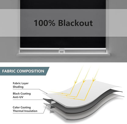AOSKY Cordless Roller Shades Blackout Blinds for Windows Room Darkening Rolled Up Shades with Spring System, UV Protection Window Shades Door Blinds for Home and Office (34" W x 72" H, Black)