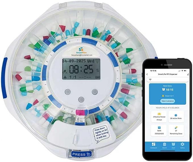 28-Day Smart WiFi Automatic Pill Dispenser w/Sound & Light & App Alerts for Elderly & Alzheimer’s Care, Up to 9 Alarms/Day, Medication Organizer with Lock for Prescriptions & More, Clear