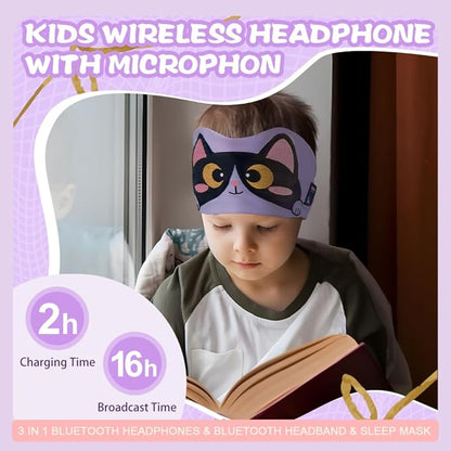 Kids Headband Headphones,Toddler Bluetooth Sleep Mask,Adjustable Wireless Headphones with Wired Playback 3.5MM Jack Suitable for Study, Travel and Sleep(Purple)