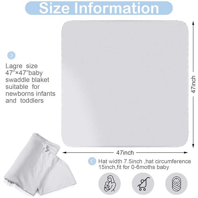 JaGely 2 Pcs Stretchy Baby Swaddle Blankets Set Extra Soft 47" x 47" Baby Newborn Swaddle Blanket and Hat(Light Gray, Light Blue)