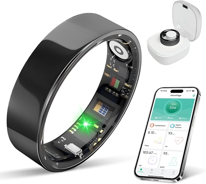 Smart Ring Health Tracker, Sleep/Exercise Monitoring, iOS/Android Compatible, IP68 Water Resistance, No Subscription Required, 5-Day Battery Life, Suitable for Both Women and Men (Black, 12)