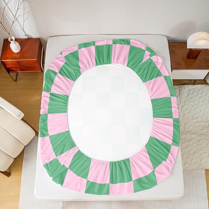 Lattice Boys Girls Bed Sheets,Geometric Plaid Patchwork Room Decor,Simple Modern Abstract Kids Twin Size Fitted Sheet,Pink Green Bedding Set,1 Pillowcase(No Flat)