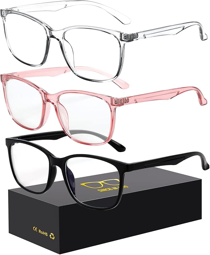 Blue-Light Blocking Glasses Computer Reading/Gaming/TV/Phones Glasses Fashion Anti Eyestrain UV Glasses for Women Men（D3 Black + Transparent + Pink）
