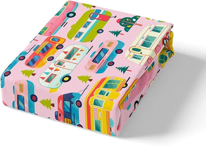 Happy Camping Kids Fitted Sheet Twin Size,Colorful Cartoon Camper Truck RV Trailer Bedding Set,Girls Women Room Decor,Outdoor Adventure Trip Bed Cover,Pink Bed Sheet,1 Pillowcase(No Top Sheet)