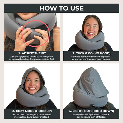 FlyHugz® 2.0 Hooded Travel Pillow – 2026 Original Release – Memory Foam Neck Pillow with Adjustable Hood & Premium Elastic Washable Cover – First Class Comfort for Flights, Road Trips & Sleep-Gray.