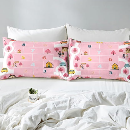 Kids Digital Graffiti Fitted Sheet Queen,Pink Girly Style Cartoon House Trees Bed Sheet 3 Pieces Fits Mattress(No Flat Sheet),Ctiy Road Cartoon Car Fabric Bedding All-Round Elastic Pocket
