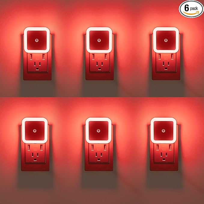 KINUR 6 Pack Red Night Light, LED Night Lights Plug into Wall with Dusk to Dawn sensors, Plug in Night Lights for Kids Room, Bedroom, Bathroom, Baby Nursery,Stair Lights, Hallway Light, Daylight
