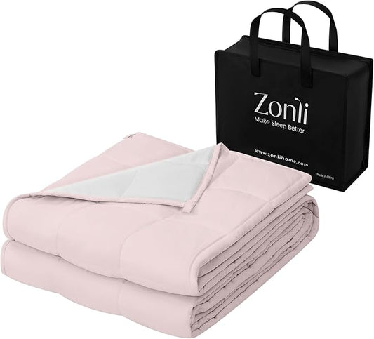 ZonLi Weighted Blanket for Adults(48"x72",12lbs, Pink/Light Grey) Twin Size High Breathability Cooling Heavy Blanket, Soft Material with Premium Glass Beads,All-Season.