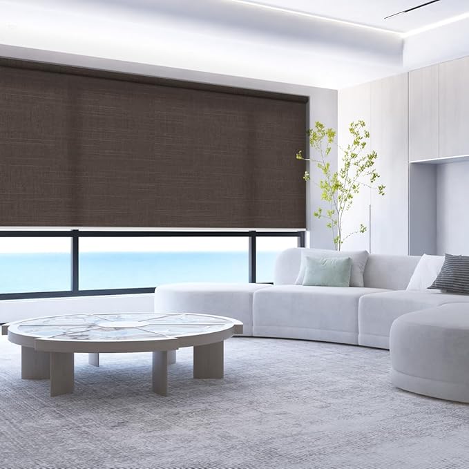 ZSHINE Motorized Window Blinds Over-Size Customize Width (21-114 Inches) Remote Control Wireless and Rechargeable Motor Roller Shades Blinds for Windows(Light Filtering Horizontal Strip)