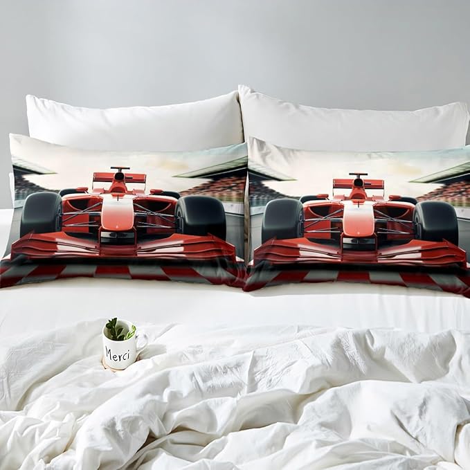 Manfei 3D Red Formula Car Bedding Set Twin Size Cool Racing Car Bed Set for Teens Bedroom Decor Kids Sheet Microfiber Racing Speed Sport Bed Cover(1 Fitted Sheet+1 Pillow Case) No Flat Sheet