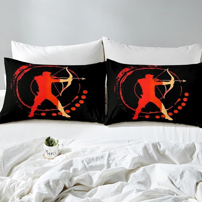 Manfei Archery Fitted Sheet Queen Size, Archery Athletes Silhouette Print Bedding Set 3pcs, Sports Theme Bed Cover with 2 Pillowcases, Kids Boys Teens Room Decor, Soft Bedding(No Top Sheet)