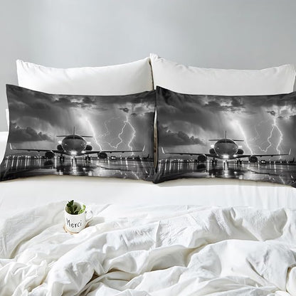 Airplane Bed Sheet Set Twin Size,3D Print Lightning Sky Print Gray Sheet Set,Aviation Plane Aircraft Modern Bedding Set with 1 Flat & 1 Fitted Sheet with 1 Pillow Sham