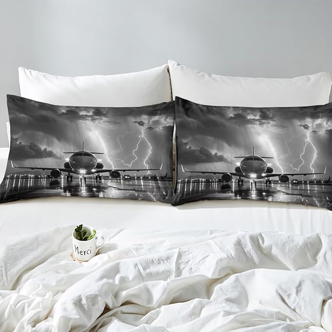 Airplane Fitted Sheet Set Full Size 4 Pcs,3D Print Lightning Sky Print Gray Teens Sheets,Aviation Plane Aircraft Modern Bedding Sets (1 Fitted,1 Flat,2 Pillowcases)