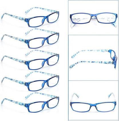 Kerecsen Reading Glasses 5 Pairs Fashion Ladies Readers Spring Hinge with Pattern Print Eyeglasses for Women (Blue, 2.25, x)