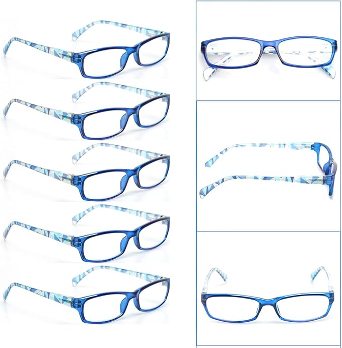 Kerecsen Reading Glasses 5 Pairs Fashion Ladies Readers Spring Hinge with Pattern Print Eyeglasses for Women (Blue, 2.0, x)