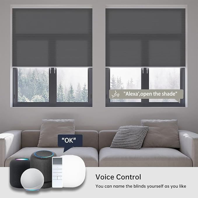Motorized Cellular Shades with Remote, Light Filtering Smart Cellular Shades Compatible with Alexa, Honeycomb Window Blinds for Bedroom Home Office, Custom Size, Half Shading Grey
