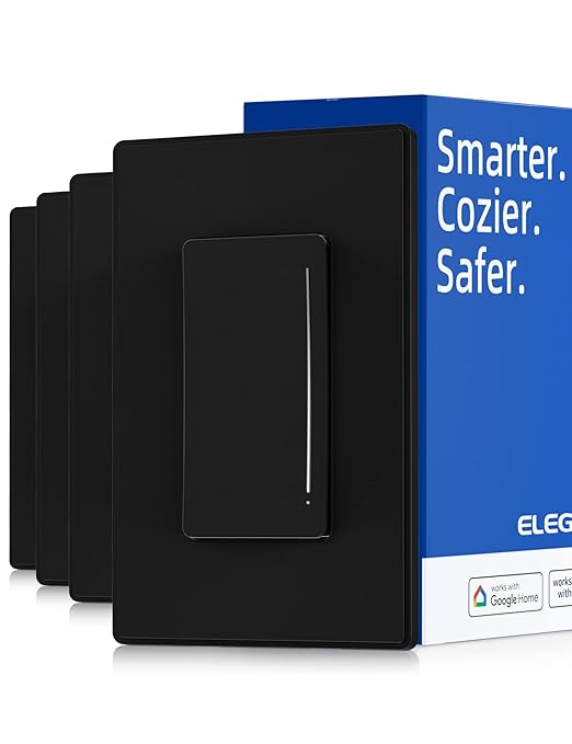 ELEGRP Smart Dimmer Light Switch DTR30, Single Pole or 3 Way, 2.4GHz Wi-Fi Touch Dimmer Compatible with Alexa/Google Assistant, Needs Neutral Wire, No Hub Required, UL Listed, Matte Black, 4 Pack