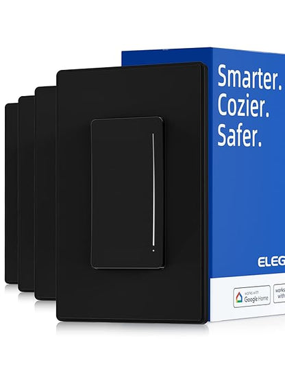 ELEGRP Smart Dimmer Light Switch DTR30, Single Pole or 3 Way, 2.4GHz Wi-Fi Touch Dimmer Compatible with Alexa/Google Assistant, Needs Neutral Wire, No Hub Required, UL Listed, Matte Black, 4 Pack