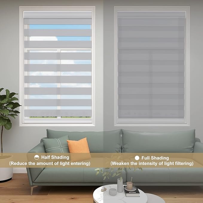 Changshade Custom Size Zebra Blinds Cordless for Indoor Windows Sliding Glass Doors, Light Filtering Zebra Roller Shades Dual Layer Fabric Day Night Blind for Living Room,Bedroom,Bathroom,Nursey,Grey