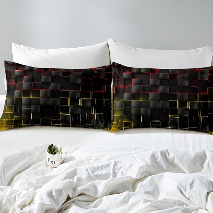 Manfei Red and Yellow Sheet Set Full Size, Abstract Geometric Grid Bedding Set for Kids Boys Adults, Black Square Lattice Bed Sheet Set 4pcs with Deep Pocket Fitted Sheet + Flat Sheet + 2 Pillowcases