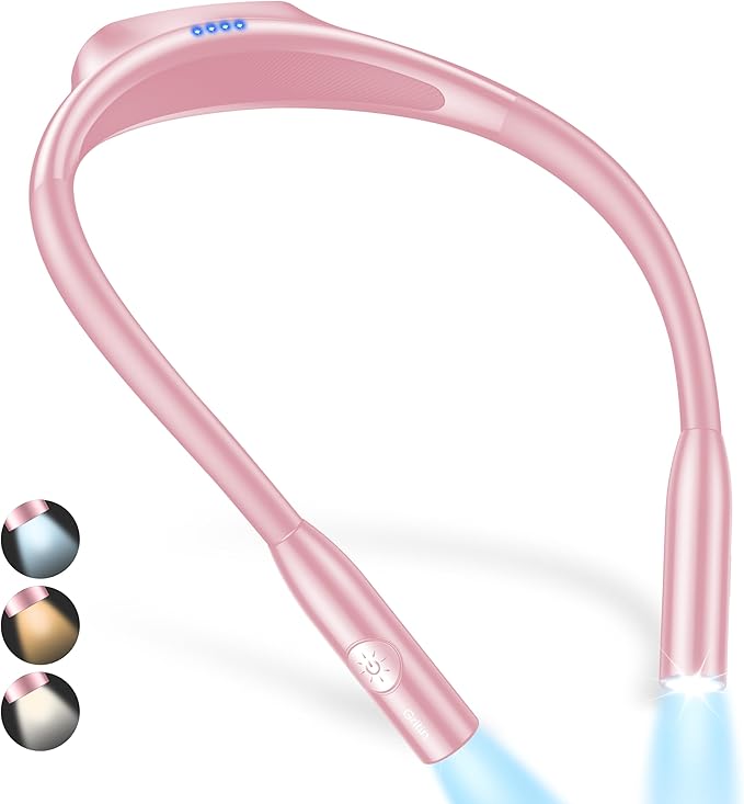Gritin LED Neck Reading Light,Book Light for Reading in Bed-Eye Caring 3 Colors, Dimmable Brightness, Bendable Arms, 80+Hrs Runtime, Neck Round Design, Lightweight for Crafting, Knitting-Pink