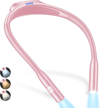 Gritin LED Neck Reading Light,Book Light for Reading in Bed-Eye Caring 3 Colors, Dimmable Brightness, Bendable Arms, 80+Hrs Runtime, Neck Round Design, Lightweight for Crafting, Knitting-Pink