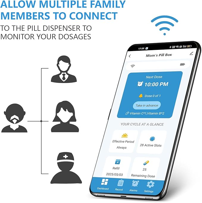 Smart WiFi Automatic Pill Dispenser w/Lock for Elderly, 28-Day Medication Organizer with Light/Sound & APP Alarm, up to 9 Alarms/Day, 9 Doses Per Day for Prescriptions & Vitamins, Clear Lid