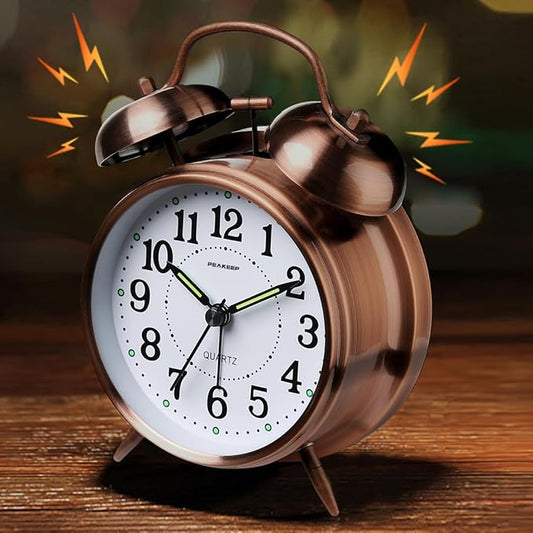 Peakeep Loud Analog Alarm Clock for Heavy Sleepers, Vintage 4-Inch Twin Bell Old School Fashioned Alarm Clock with Battery Operated for Bedrooms