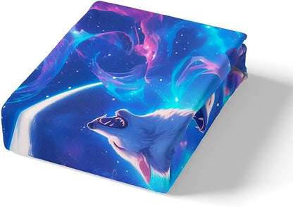 Wild Wolf Kids Fitted Sheet Full Size,Glitter Stars Arctic Light Romantic Bedding Set,Boys Girls Room Decor,Rustic Animal Hunting Adventure Bed Cover,Blue Bed Sheet,2 Pillowcases