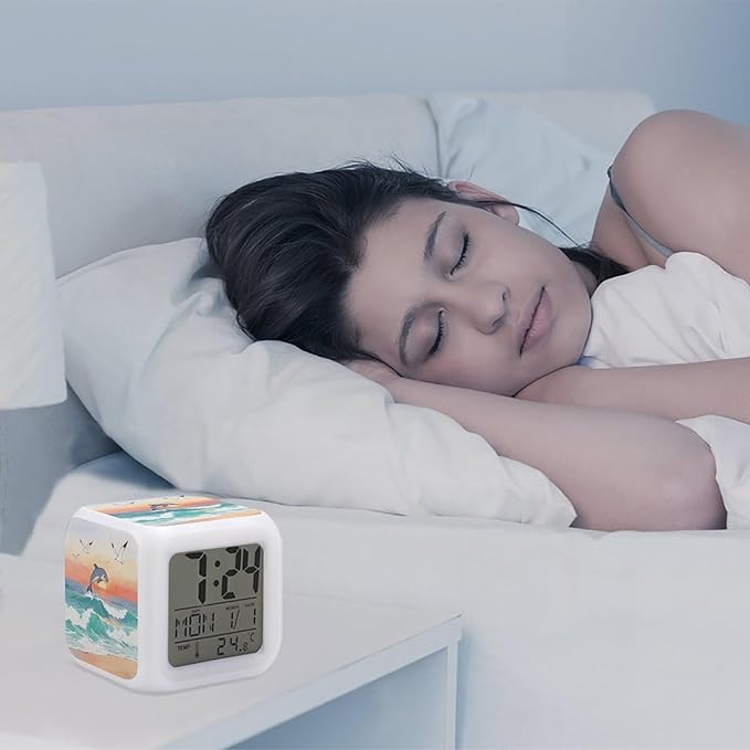 Ocean Waves Sunrise Digital Alarm Clock Color Change LED Digitals Clock with Battery Operated Modern Smart Alarm Clocks Wake Up Digital Clocks with 7 Color Nightlight for Bedroom
