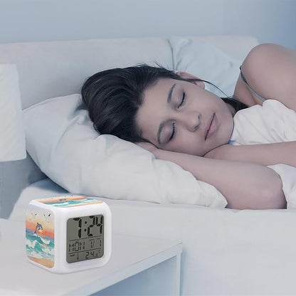 Ocean Waves Sunrise Digital Alarm Clock Color Change LED Digitals Clock with Battery Operated Modern Smart Alarm Clocks Wake Up Digital Clocks with 7 Color Nightlight for Bedroom
