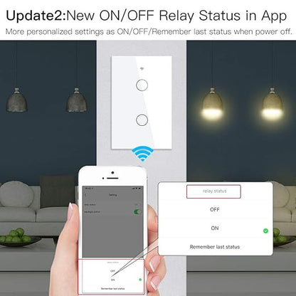MoesGo 2nd Generation WiFi RF433 Smart Touch Wall Single Fire Smart Switch，No Neutral Wire Needed,Compatible with Smart Life/Tuya App, Works with Alexa and Google Home Single Pole 110V White 2 Gang